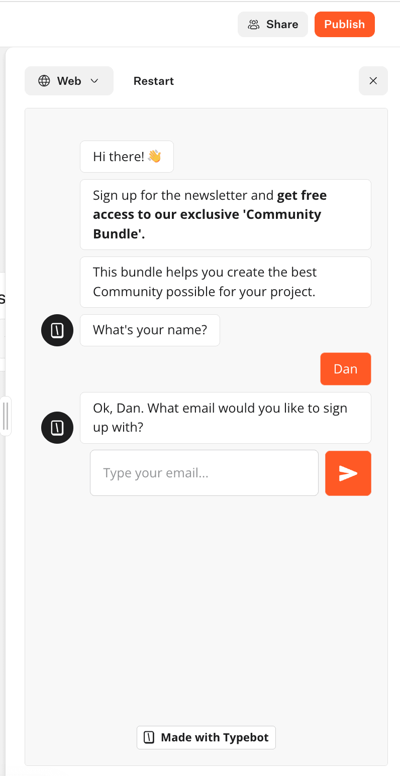 Typebot chat preview panel showing a live chatbot conversation in progress with user input and bot response rendered in real time alongside the flow builder canvas