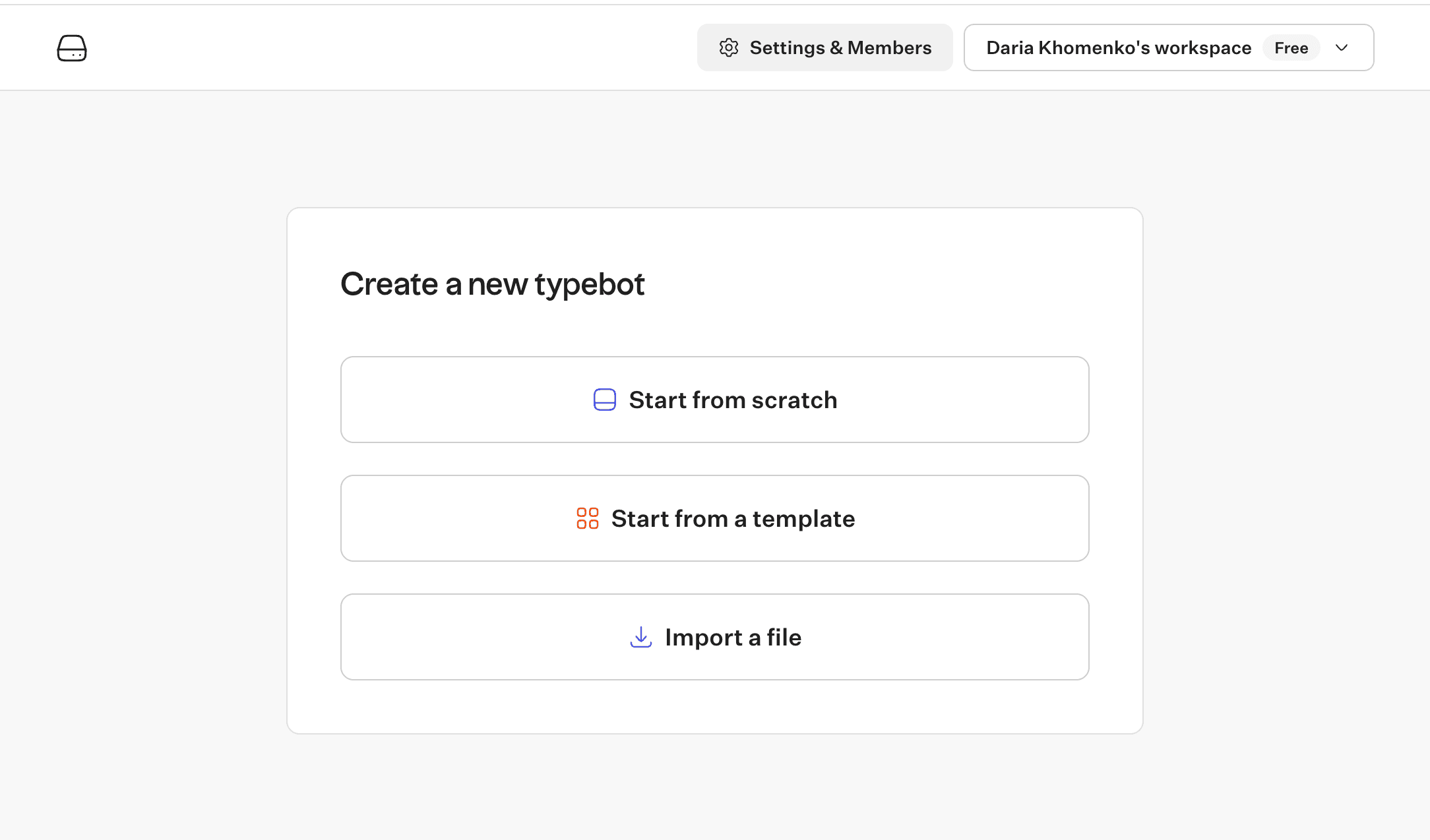 Typebot create a new typebot dialog showing options to start from scratch or select a template with clean minimal UI on Pro-tier workspace