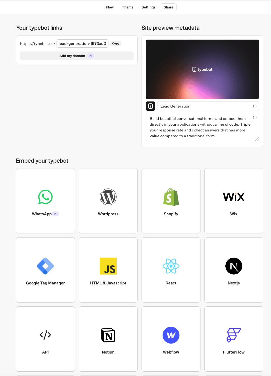 Typebot embed configuration panel showing embed code snippets for bubble popup full-page React Next.js WordPress Webflow Framer and other platforms