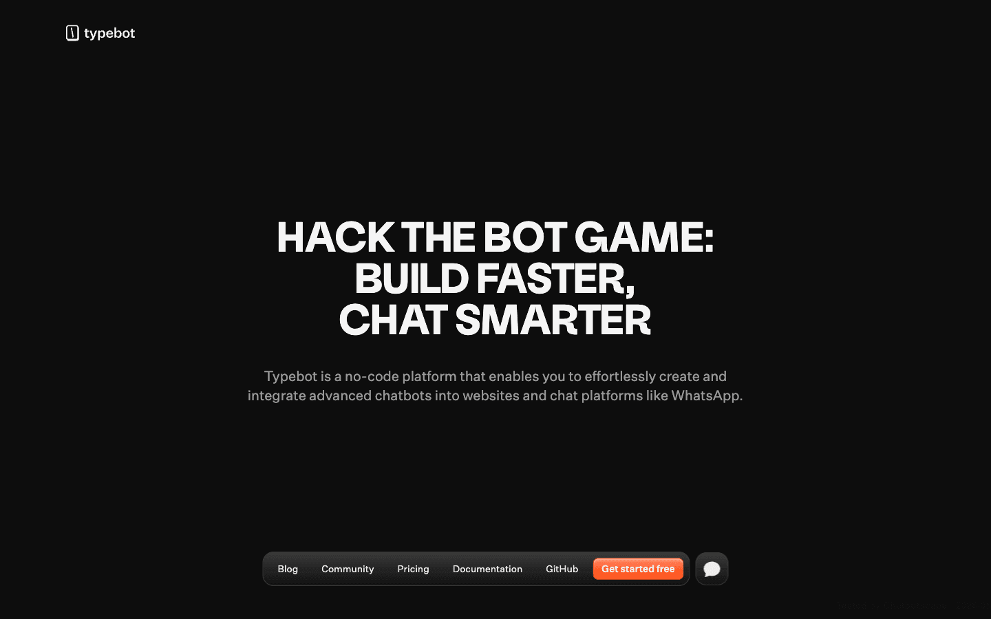 Typebot homepage showing Build faster Chat smarter open-source positioning with 100% open source claim and 10K GitHub stars
