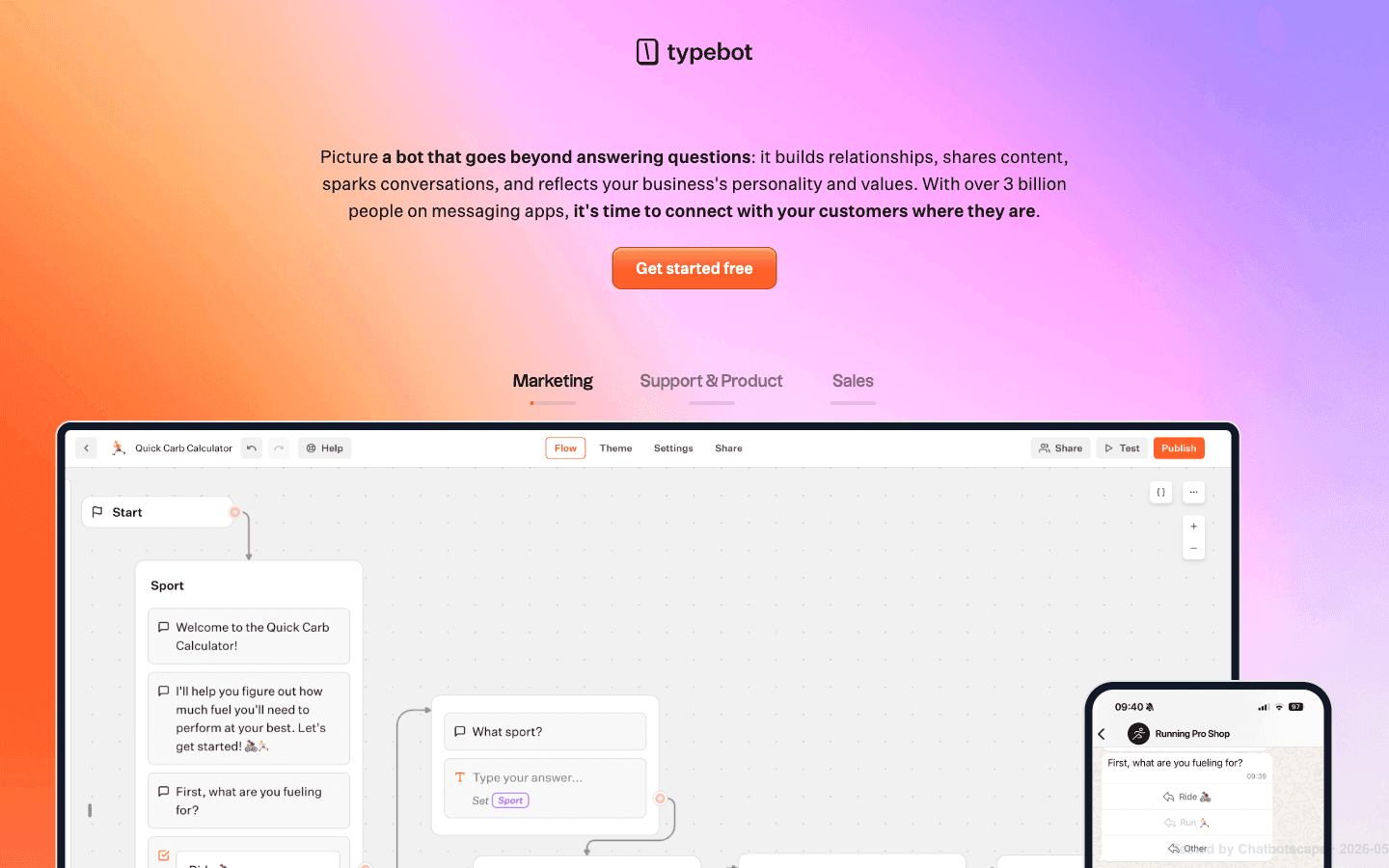 Typebot integrations showing native React Next.js Notion Webflow Framer Shopify WordPress plus HTTP request flexibility