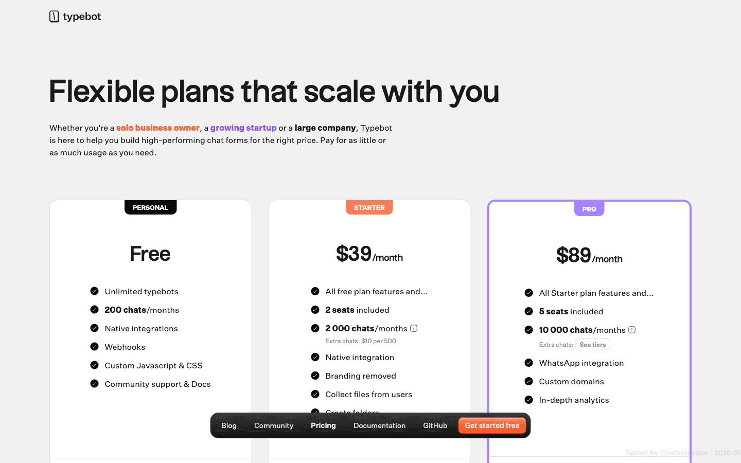 Typebot pricing page showing four tiers Personal Free Starter $39 Pro $89 Enterprise monthly only no annual billing
