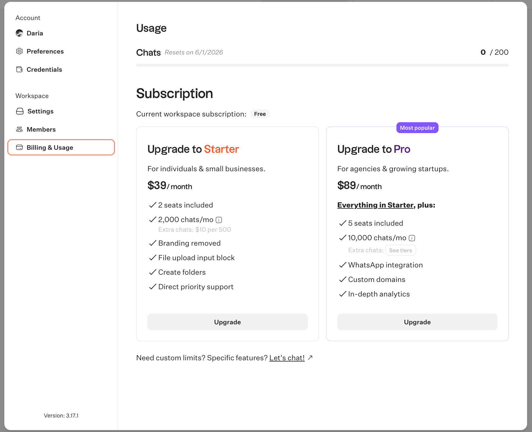 Typebot pricing comparison page showing Personal Free Starter $39 Pro $89 and Enterprise tiers with feature breakdown and monthly-only billing highlighted