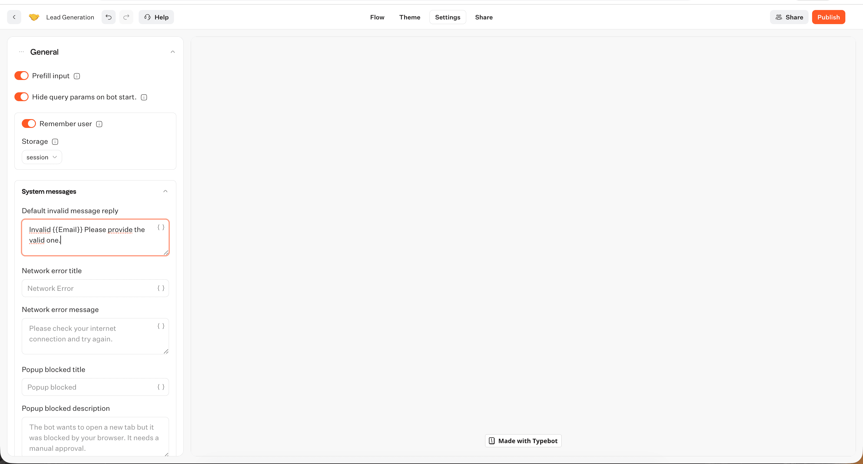 Typebot workspace settings panel showing team members API access custom domains branding configuration and Pro-tier feature toggles