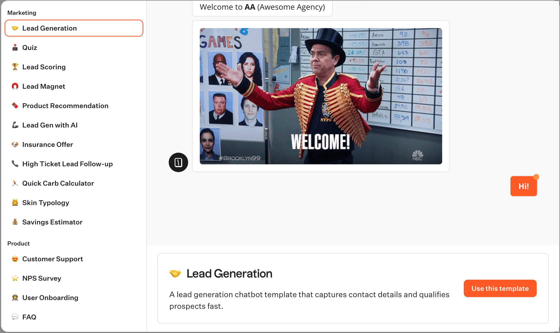 Typebot templates library showing pre-built chatbot flow templates organized by use case including lead generation customer support FAQ and product demo