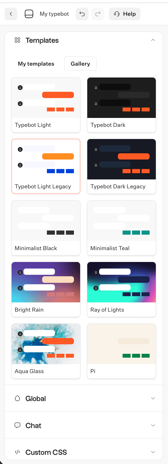 Typebot themes panel showing visual customization controls for chat bubble colors typography background and brand settings on Pro-tier workspace