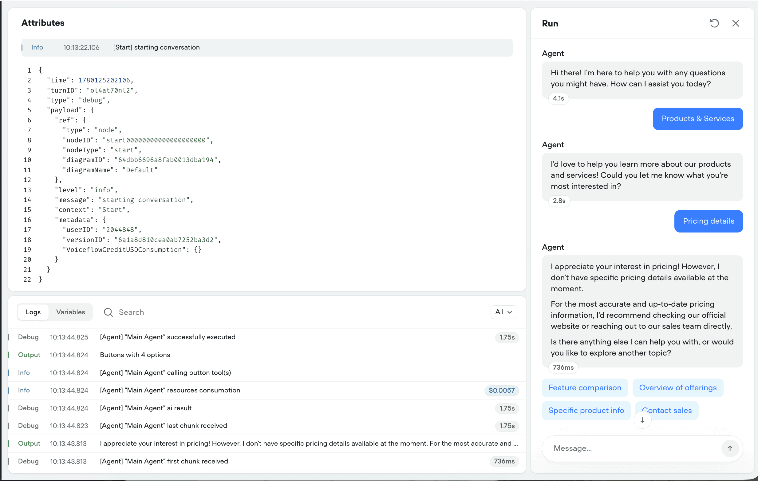 Voiceflow agent debug session showing turn-by-turn replay and tool-call inspection