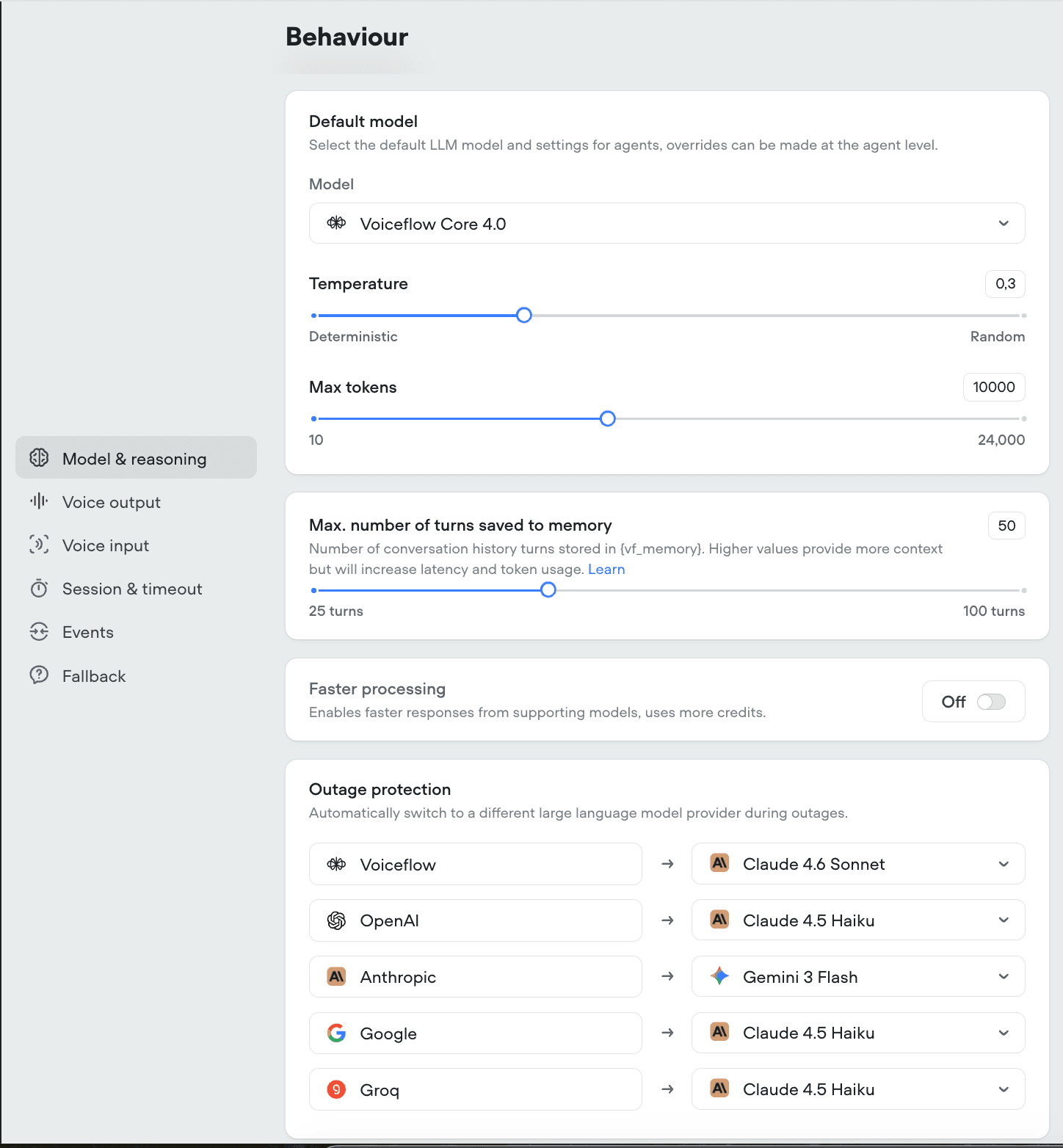 Voiceflow agent behaviour settings page showing tone, persona, and guardrail configuration