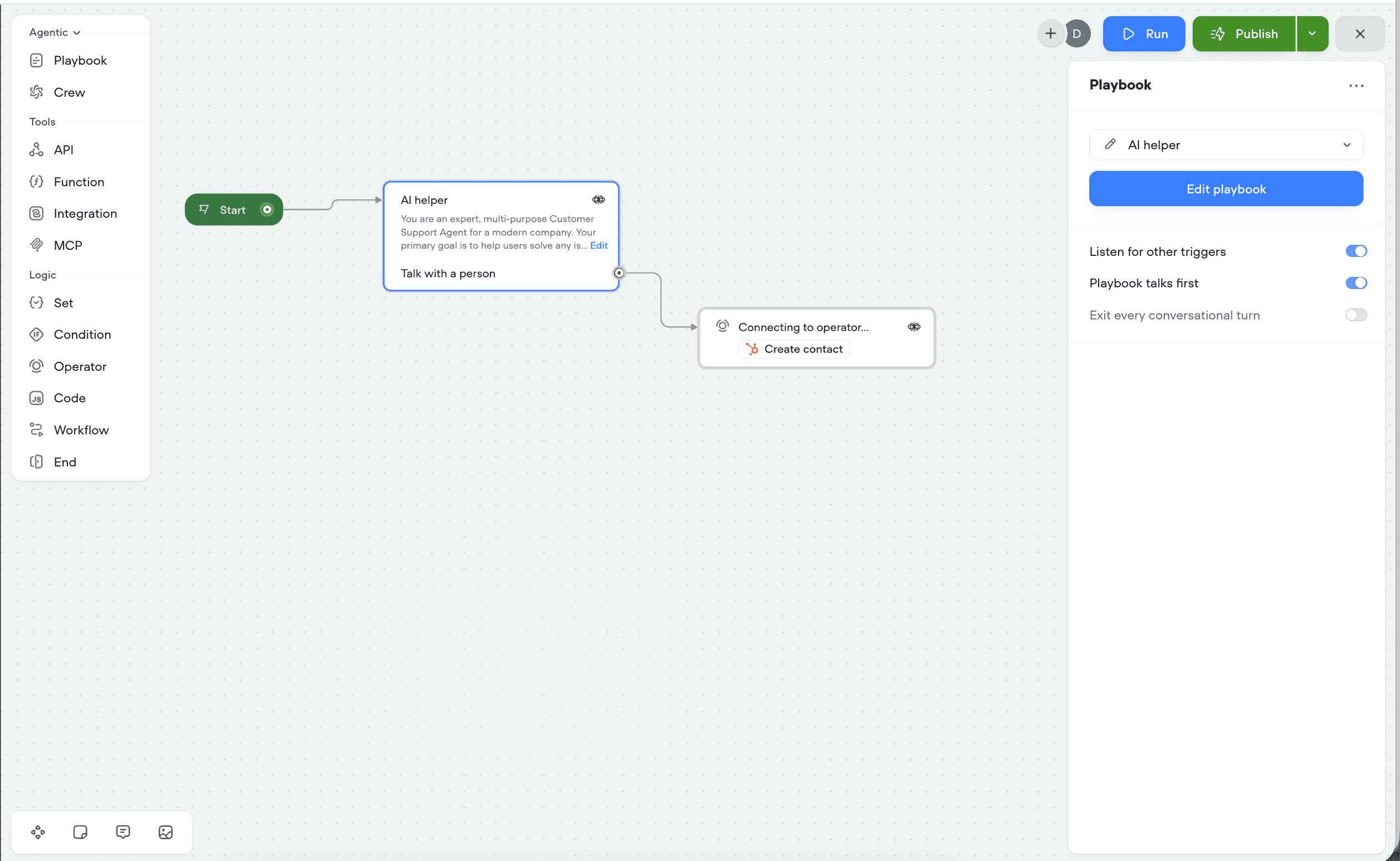 Voiceflow Canvas — visual flow builder with intent and response nodes