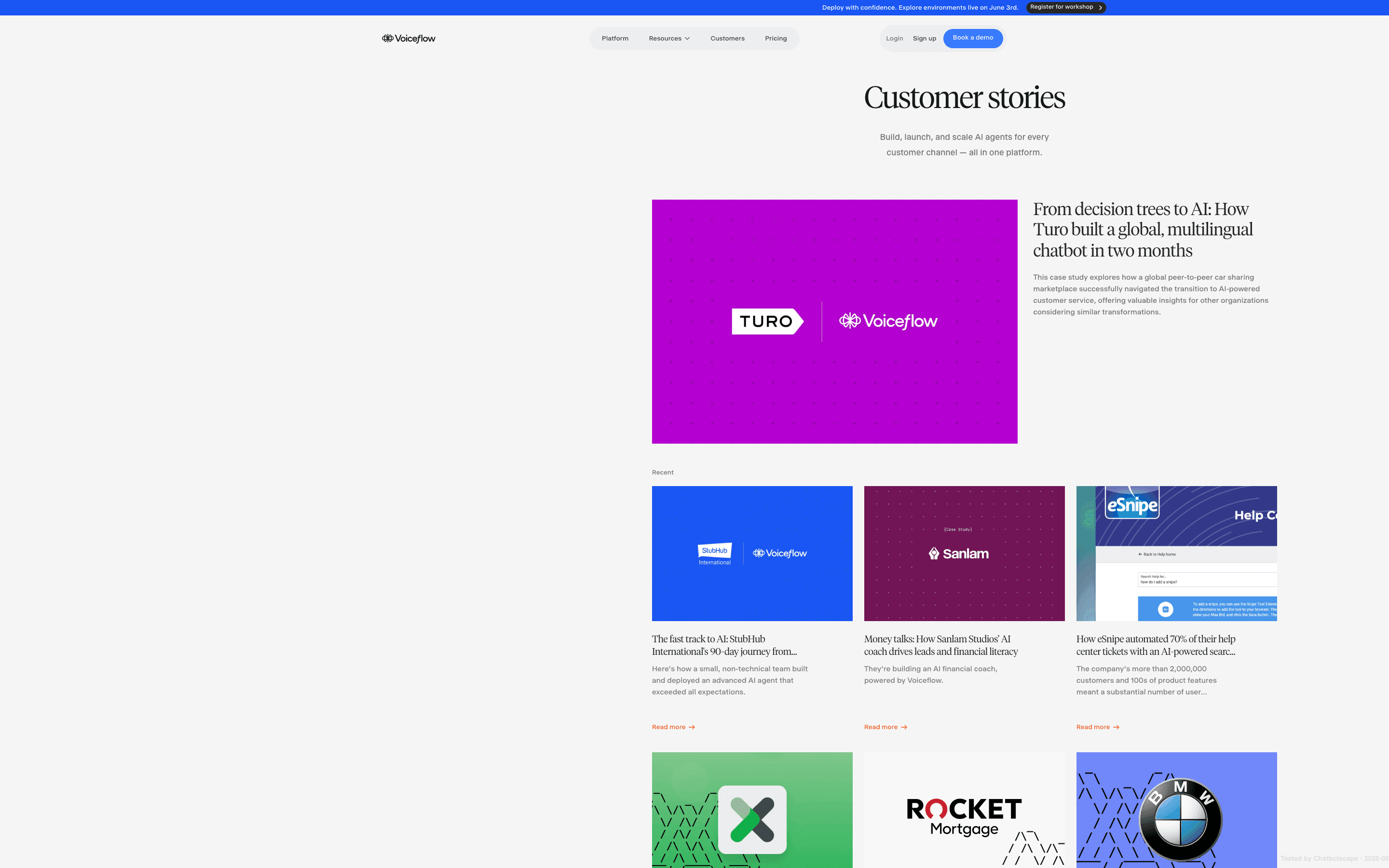 Voiceflow customer stories page showing enterprise case studies and outcome metrics