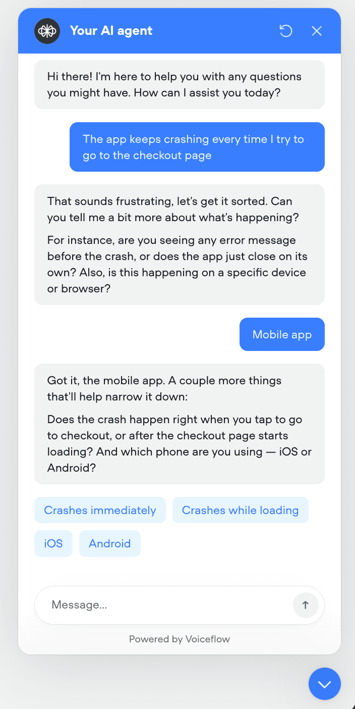 Voiceflow live chat widget example deployed on a customer site