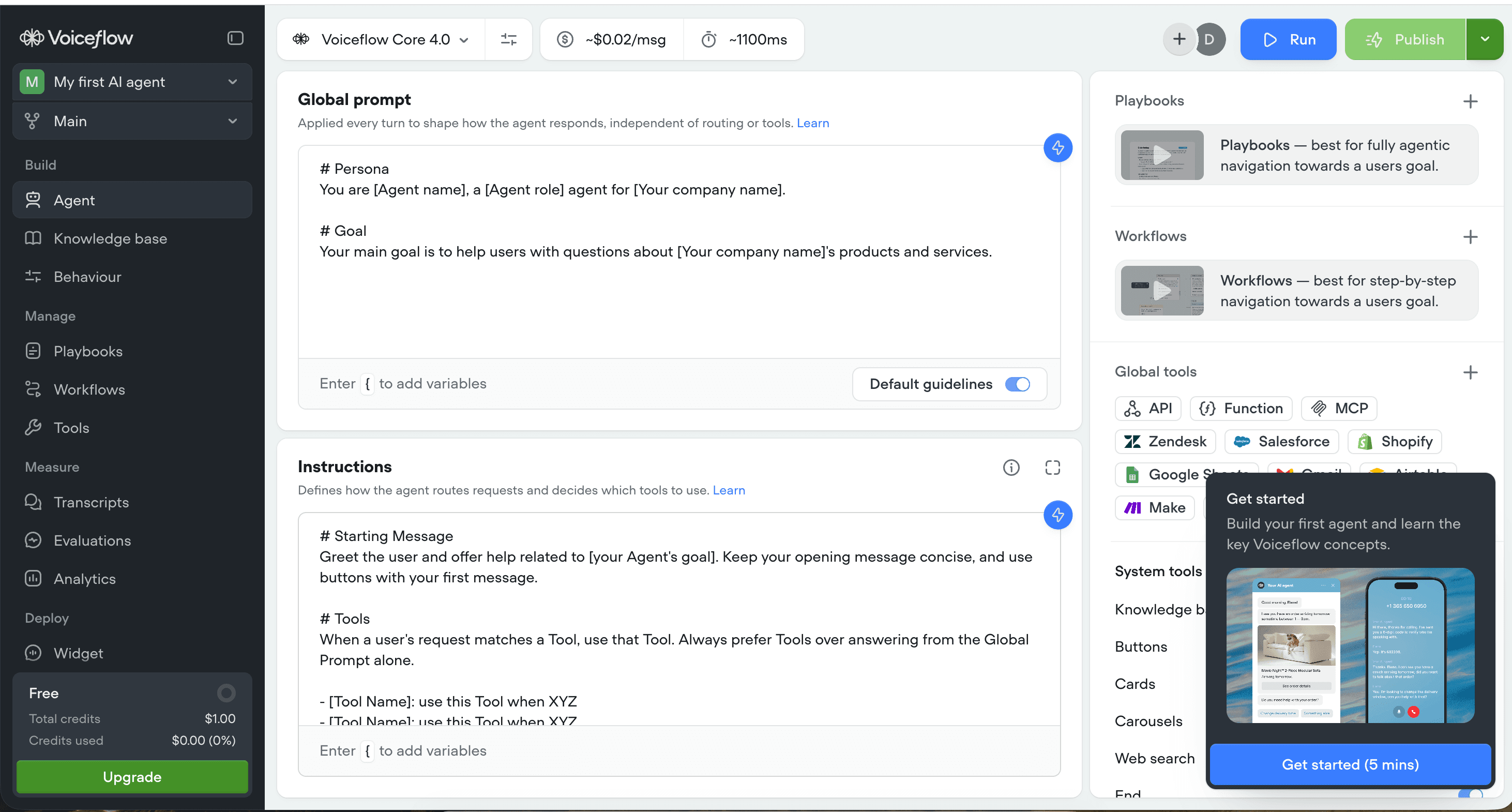 Voiceflow first-agent creation page inside the trial workspace