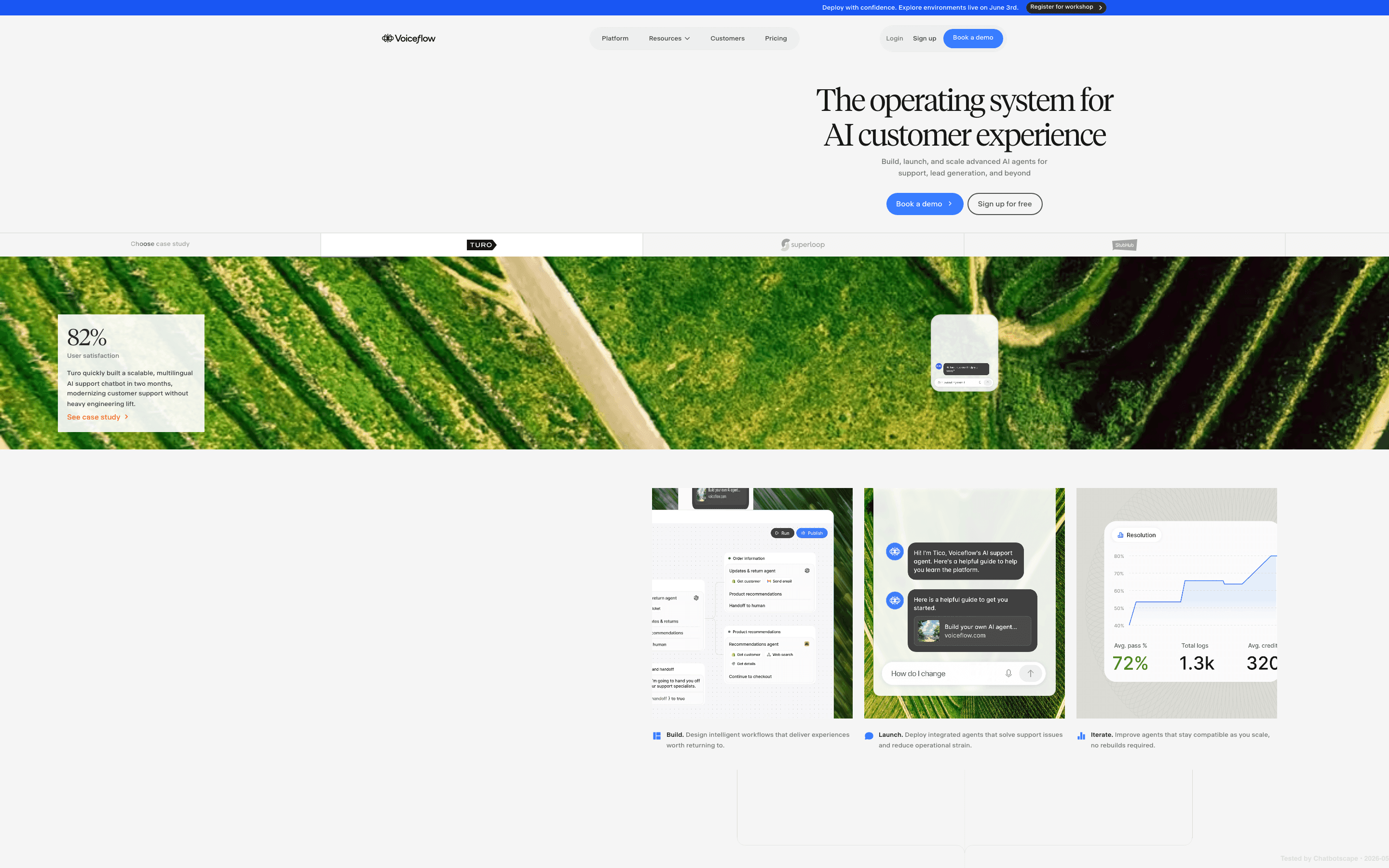 Voiceflow homepage showing The operating system for AI customer experience positioning