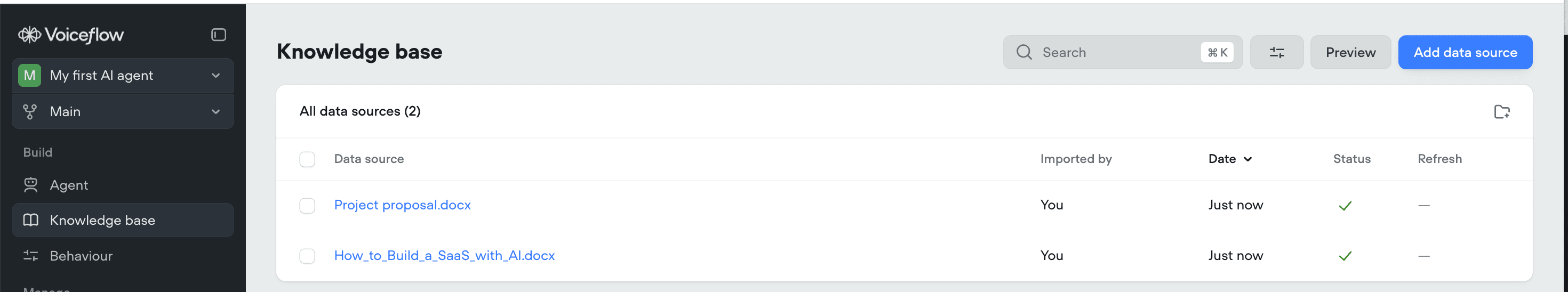 Voiceflow Knowledge Base management page showing document upload and chunk preview
