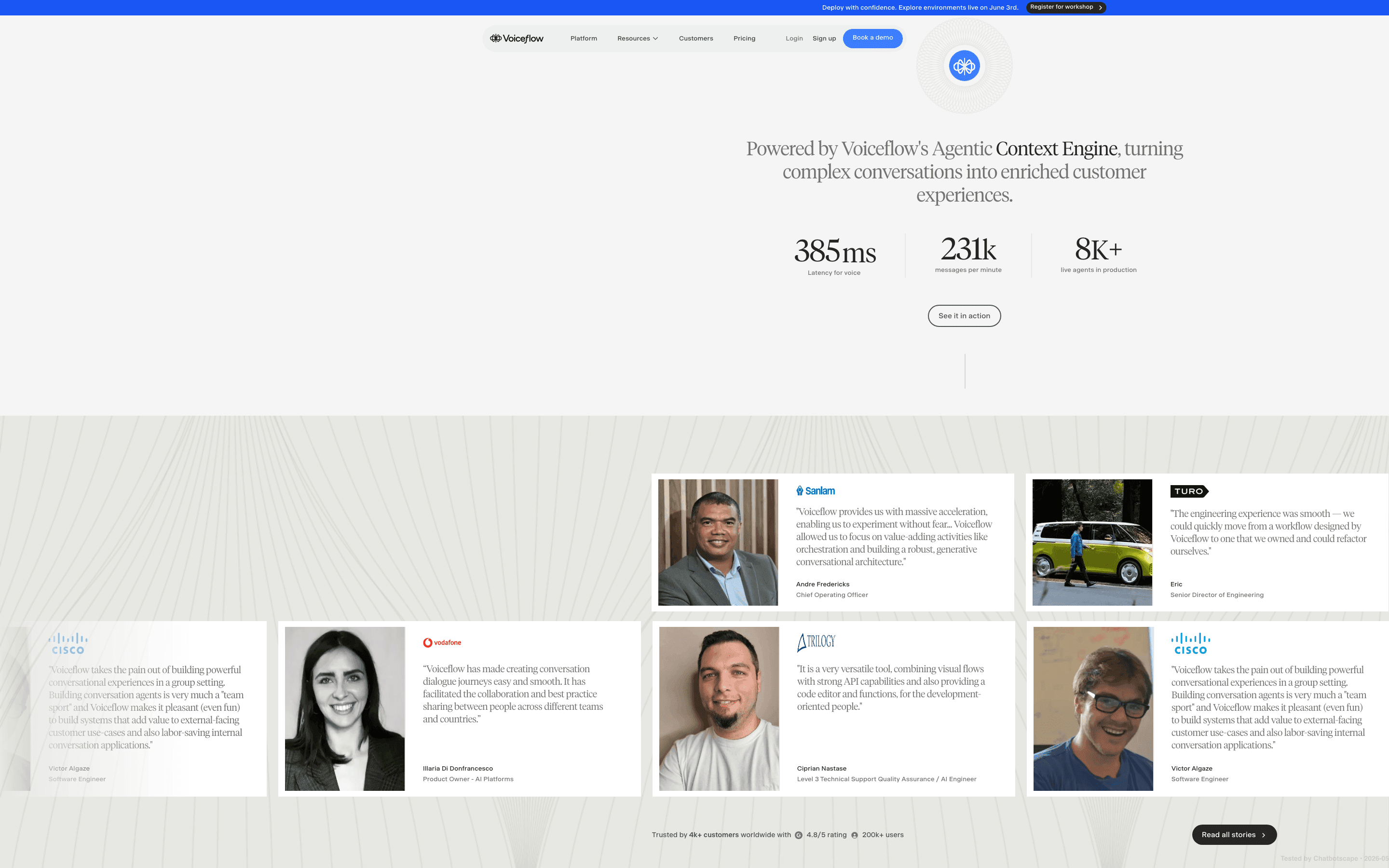 Voiceflow homepage section showing multi-LLM support with named providers and BYOLLM positioning
