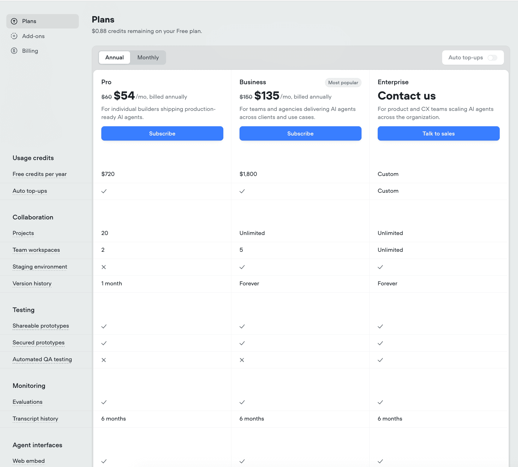 Voiceflow pricing page showing public tier options and demo-gated enterprise option