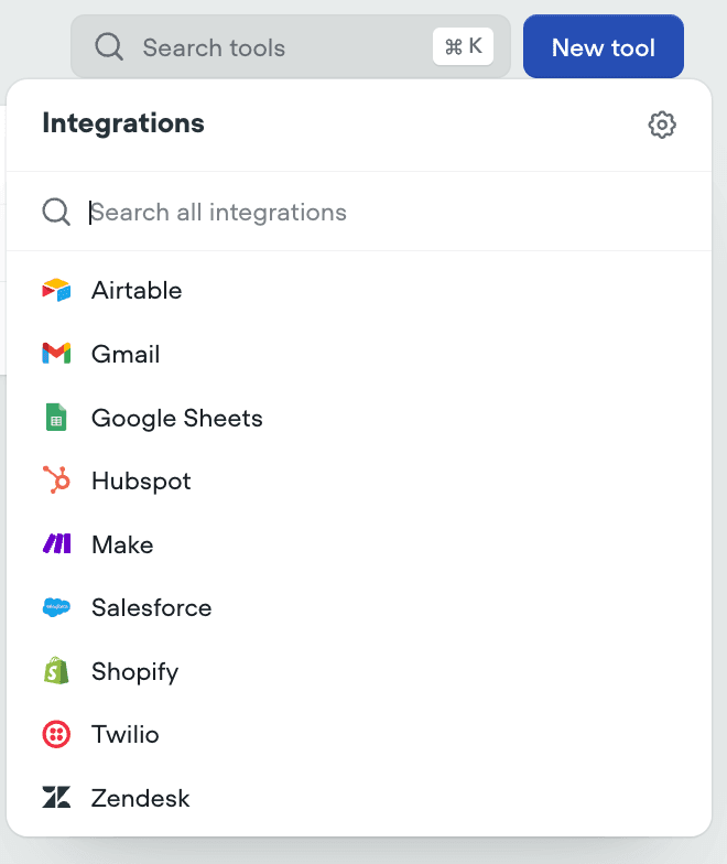 Voiceflow tools and integrations panel showing API connector configuration