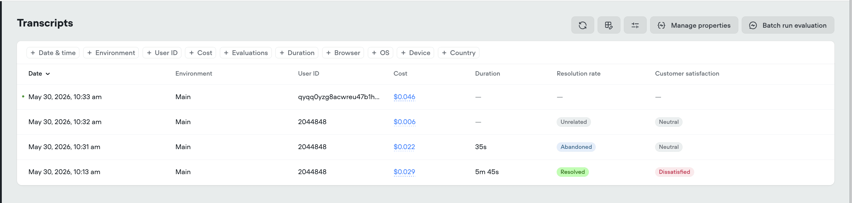Voiceflow transcripts page showing conversation logs with status and outcome tags