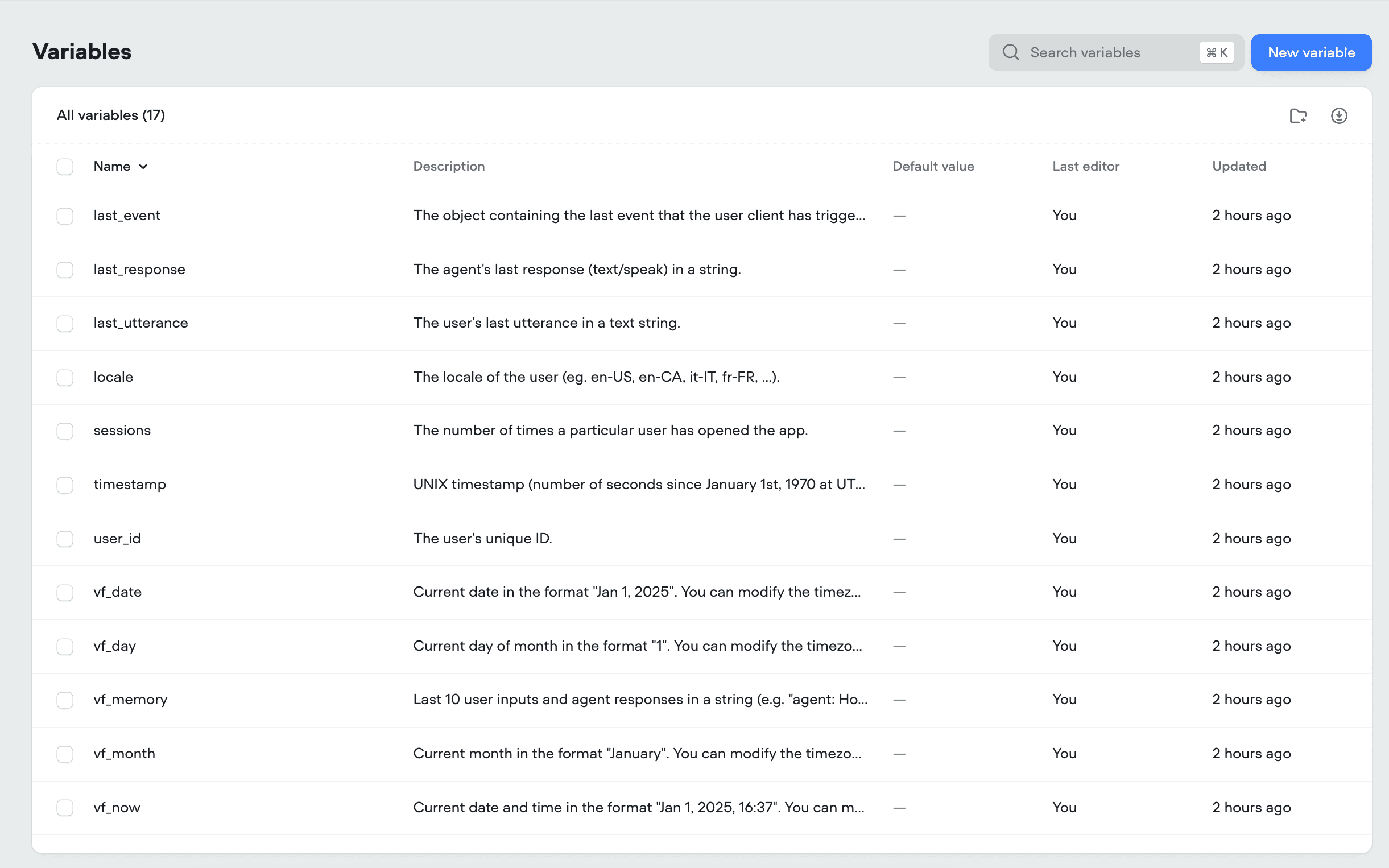 Voiceflow Variables management panel showing custom variables and slot types