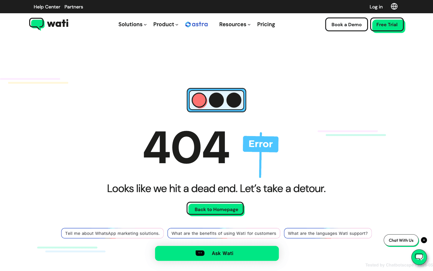 Wati Astra AI Agent product page showing voice cloning, 30+ languages, and continuous memory across WhatsApp web and voice channels