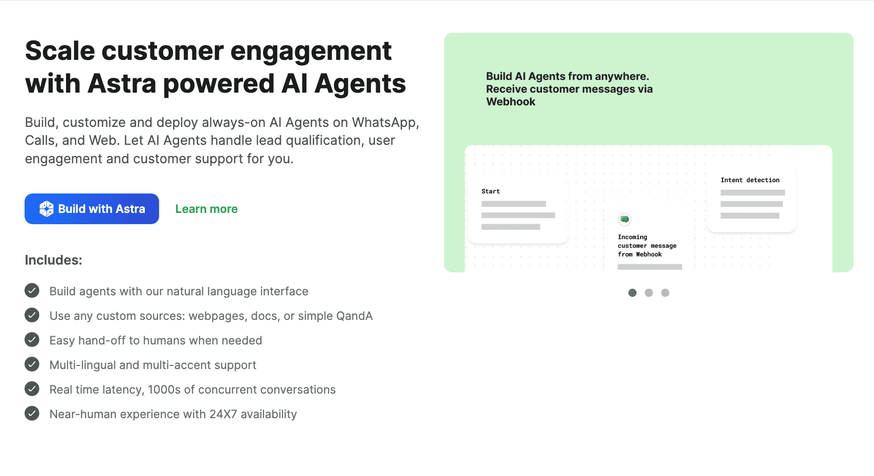 Wati Astra AI Agent configuration interface showing knowledge base document upload panel, AI response configuration settings, language selection with 30 plus languages listed, and voice agent settings including voice cloning controls