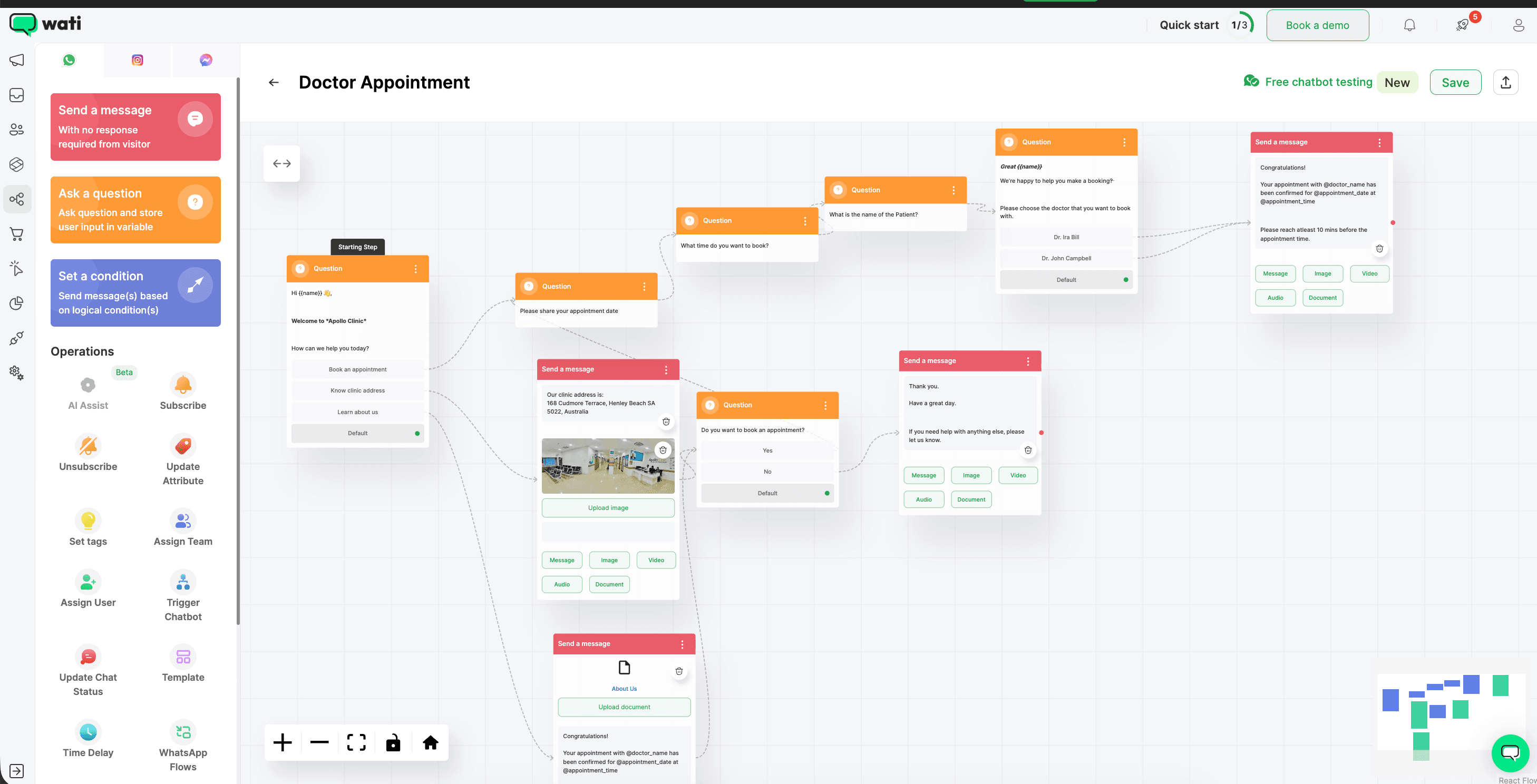 Wati drag-and-drop flow builder canvas showing a multi-node WhatsApp conversation flow with text message nodes, button nodes, condition branches, and connection arrows between nodes on a white grid canvas