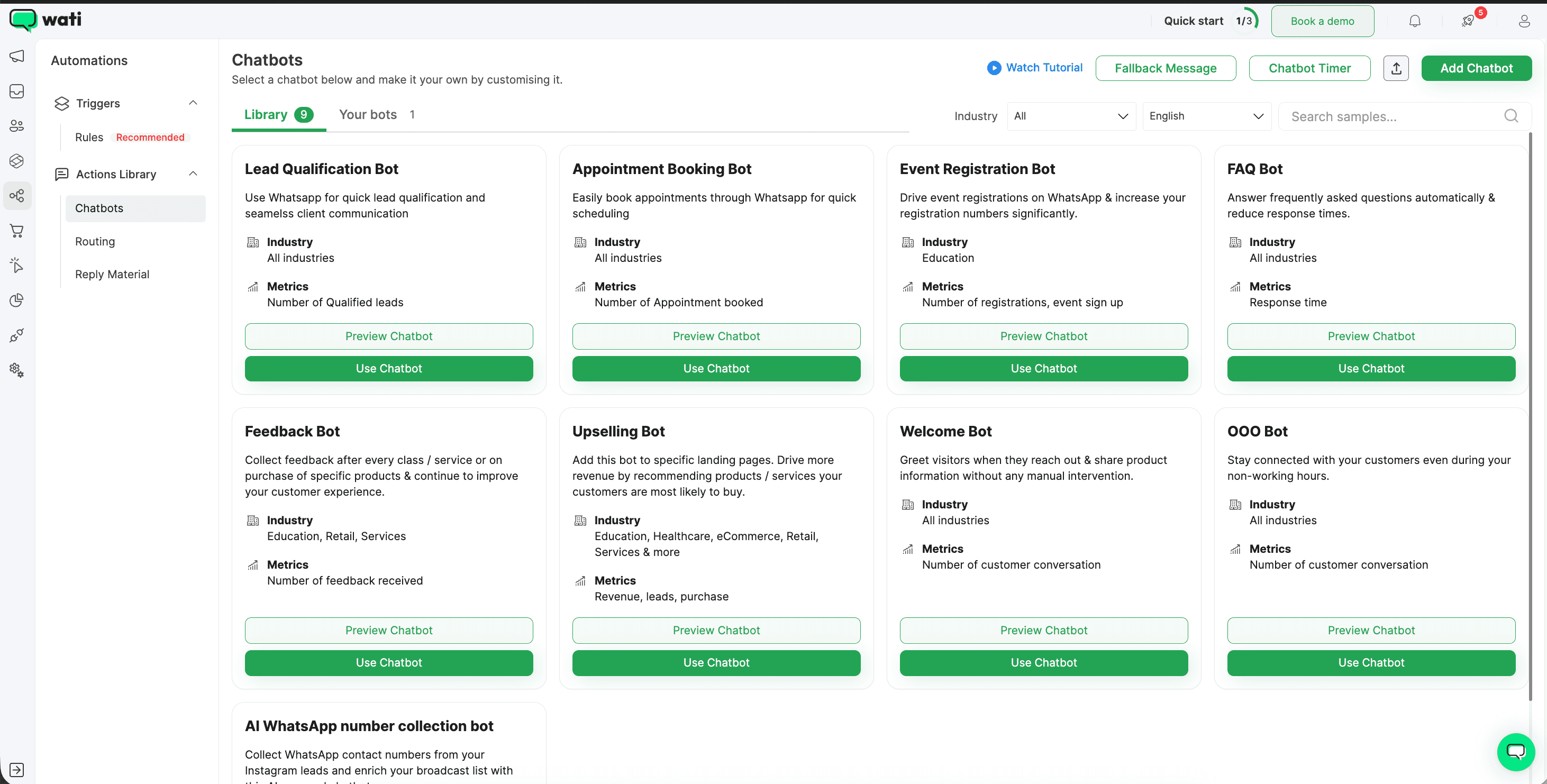 Wati chatbot templates library showing a grid of pre-built WhatsApp bot templates organized by use case including lead generation, customer support, appointment booking, ecommerce order update, and feedback collection categories