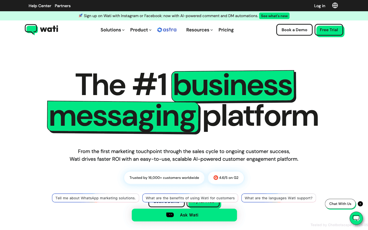 Wati homepage showing AI-powered WhatsApp customer engagement positioning with 16,000+ customers metric