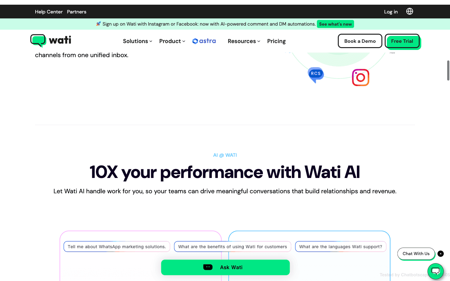 Wati integrations marketplace showing Pabbly and Zapier as native plus Shopify add-on