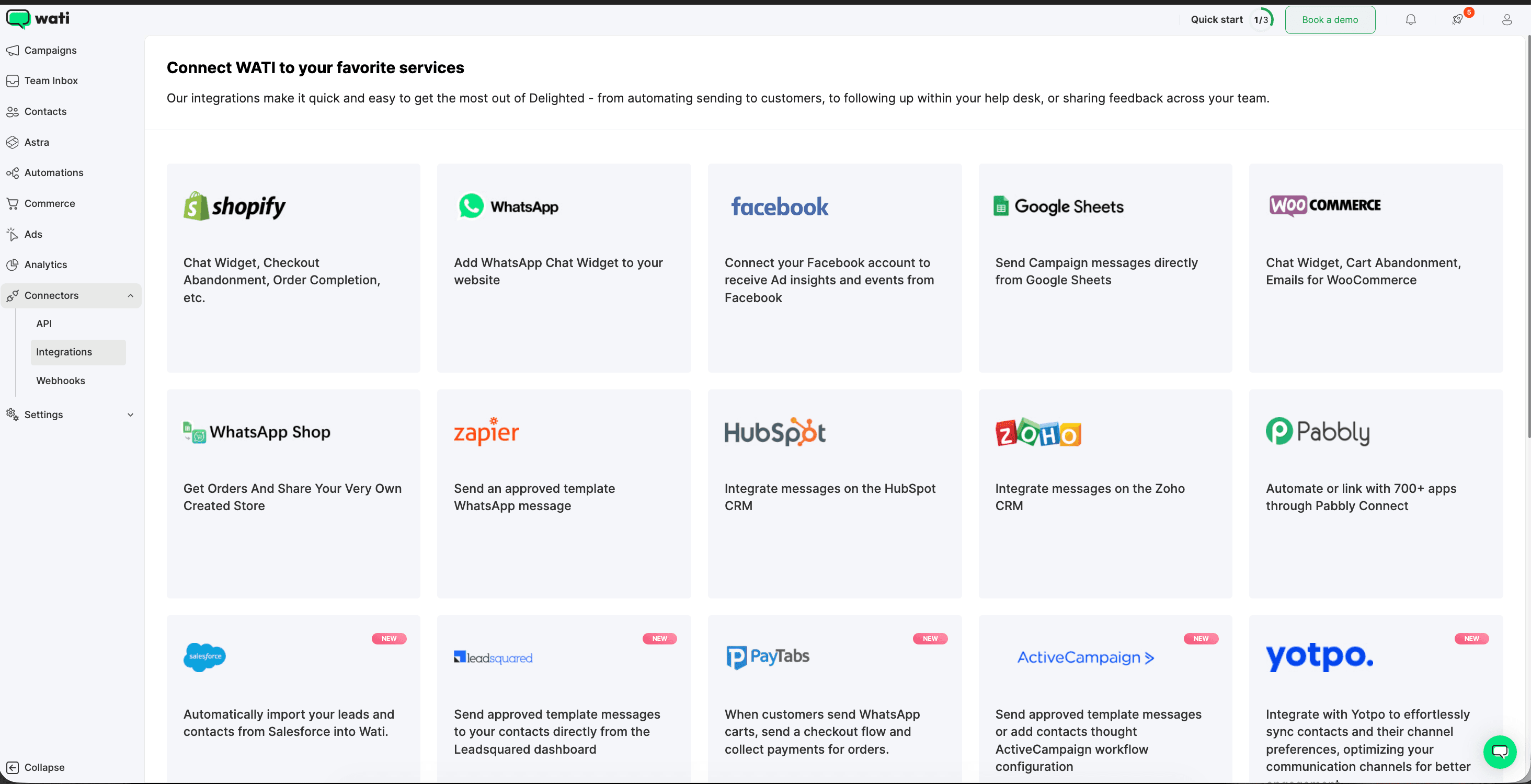 Wati in-app integrations panel showing integration categories including CRM tools, e-commerce platforms, marketing automation, and developer APIs with connection status indicators for Zapier, Pabbly, Shopify, and webhook configuration options