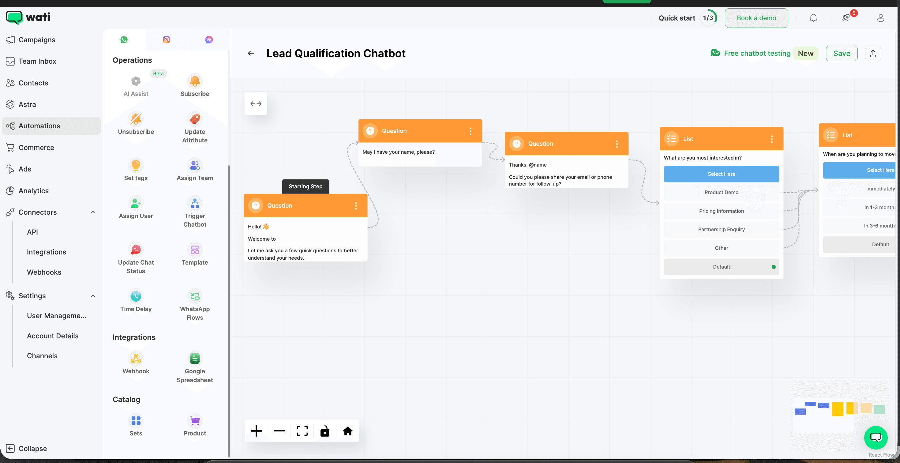 Wati lead generation chatbot flow in the builder canvas showing a multi-step WhatsApp conversation with name capture, phone validation, interest classification, and Google Sheets sync node sequence