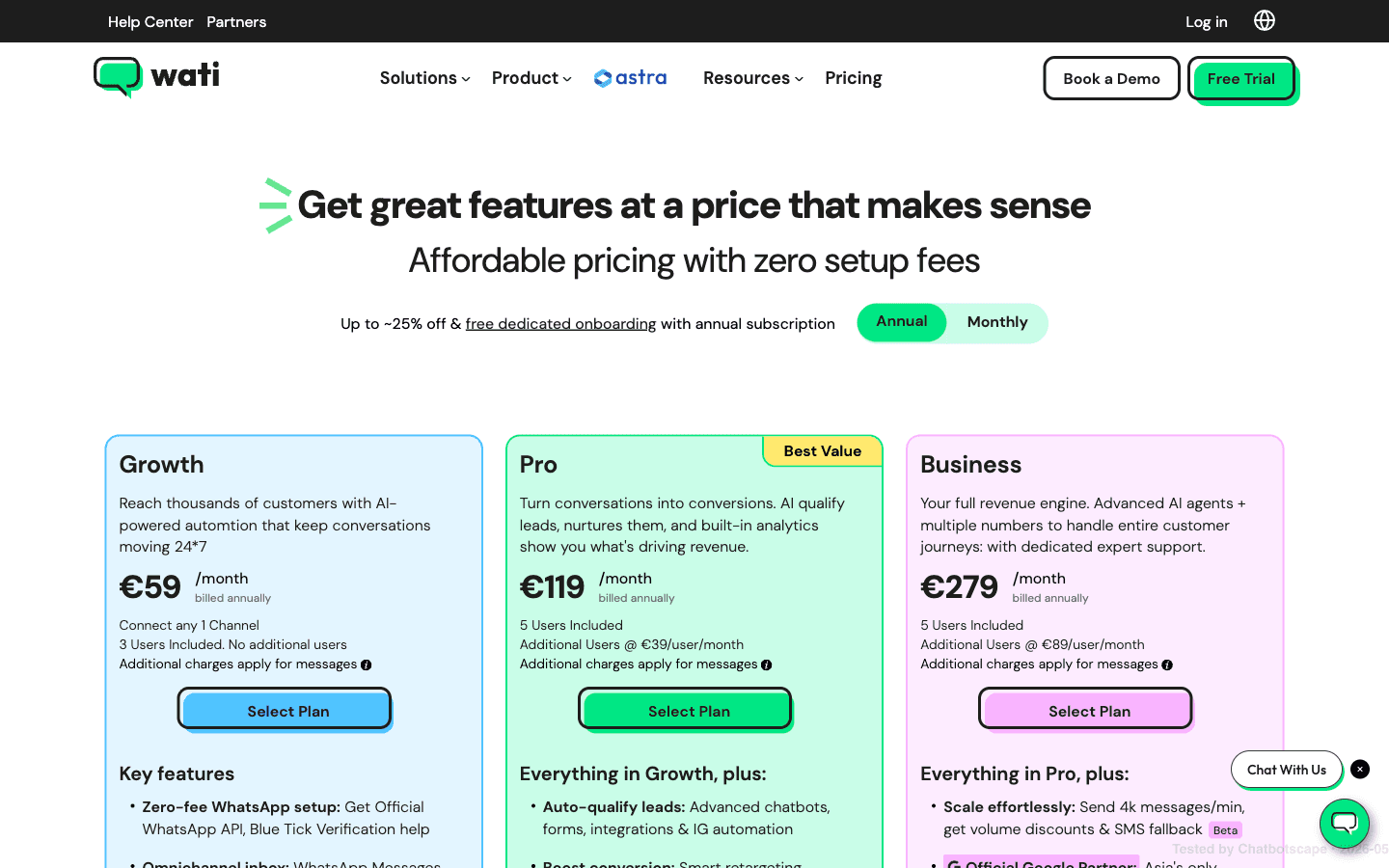 Wati pricing page showing three tiers Growth Pro Business in native USD