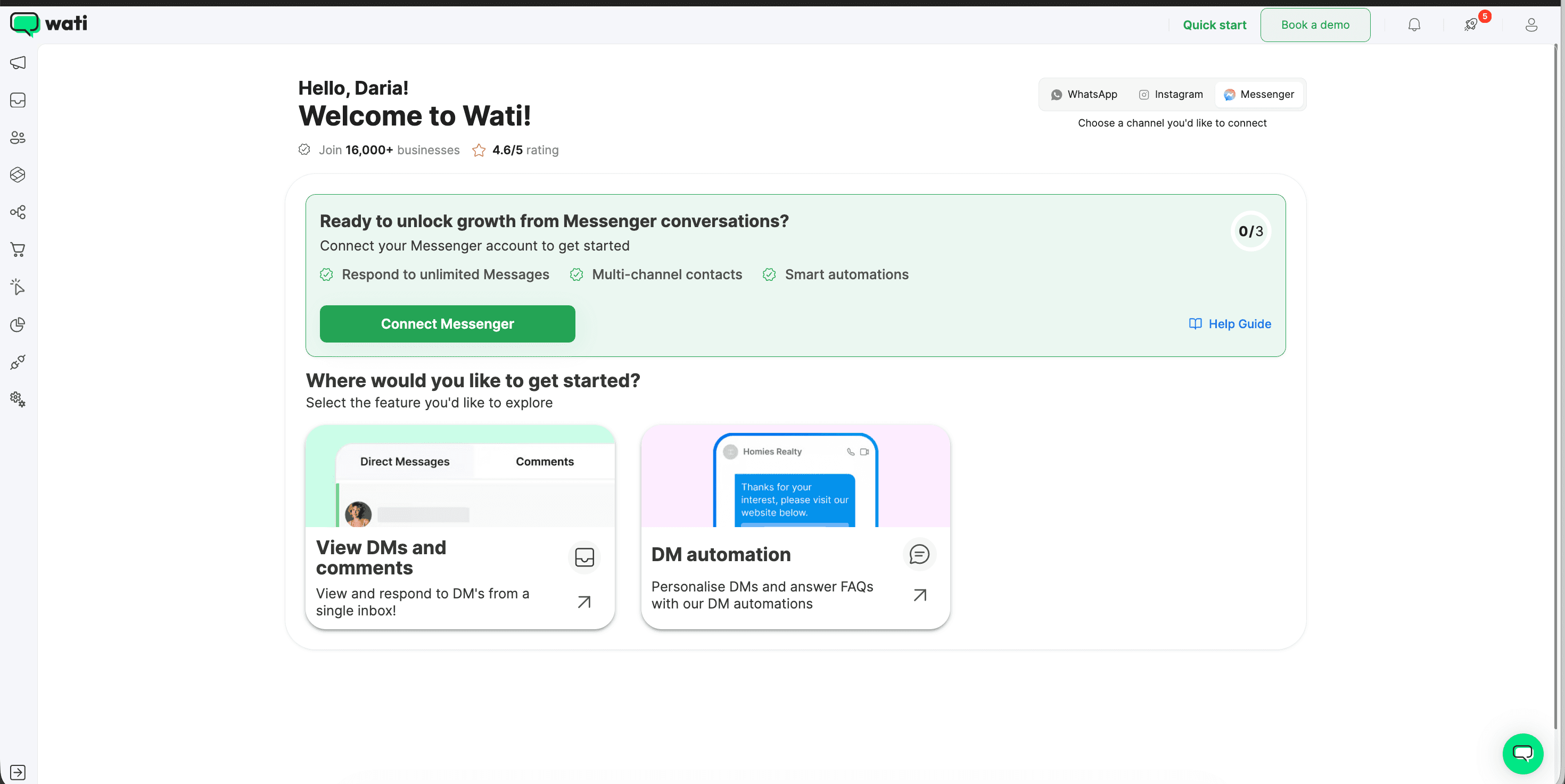 Wati authenticated Pro-tier dashboard showing the quickstart onboarding page with a structured setup checklist covering WhatsApp Business API connection, team inbox configuration, template creation, and bot builder activation steps