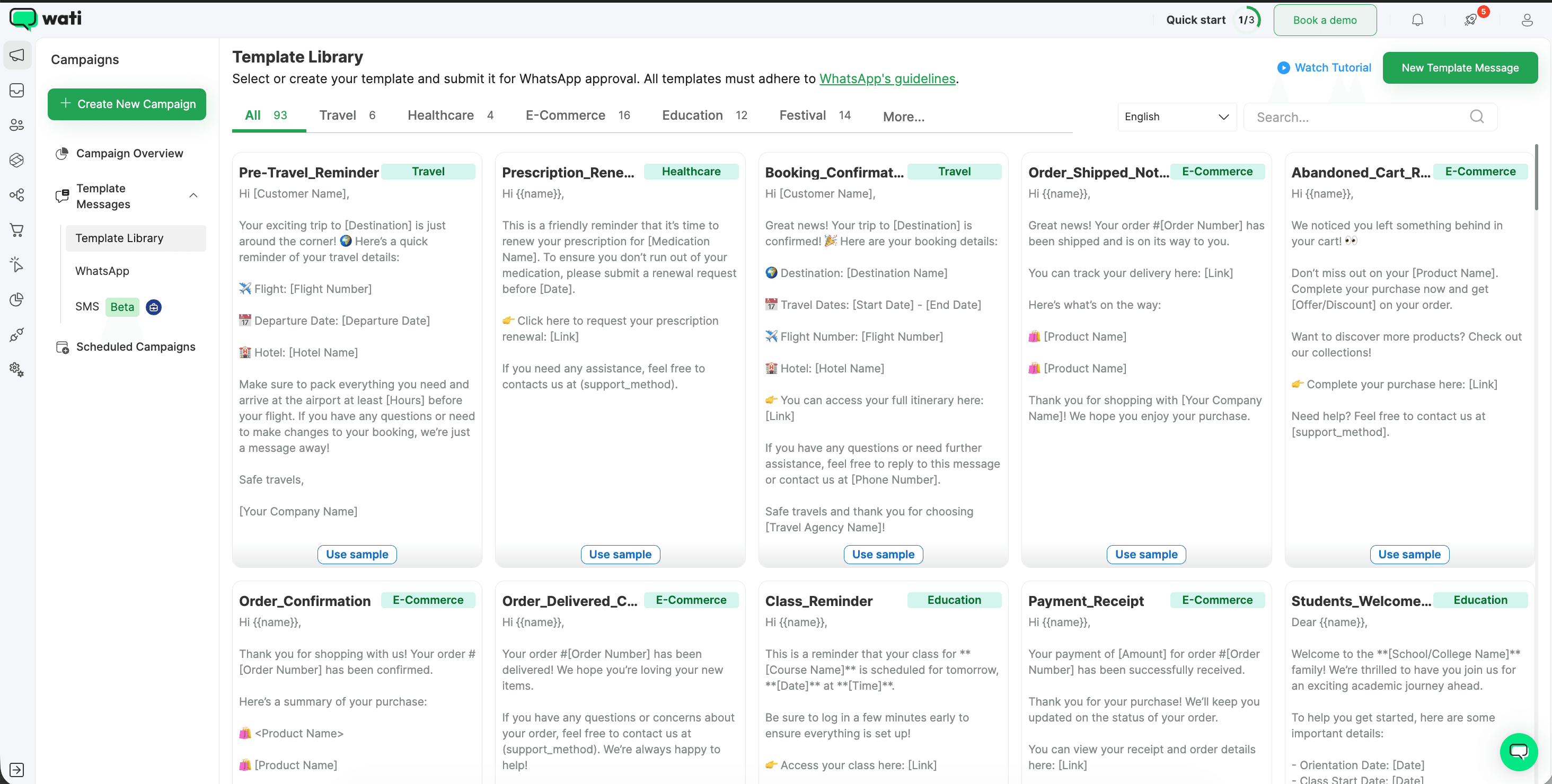 Wati template message creation interface showing rich message composer with header image upload, body text with variable placeholders, footer text, and call-to-action button configuration for WhatsApp Business API submission