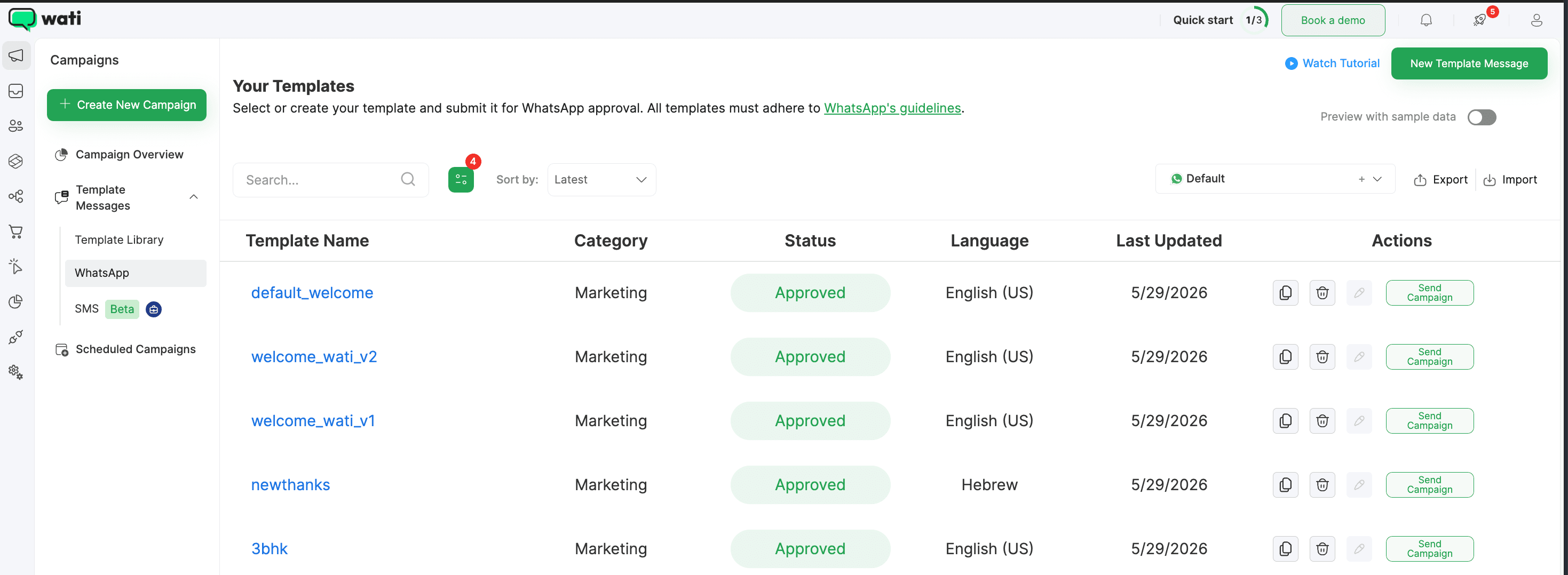 Wati WhatsApp template messages management surface showing a list of approved and pending template messages with status indicators, language, category type marketing or utility, and last-used timestamps