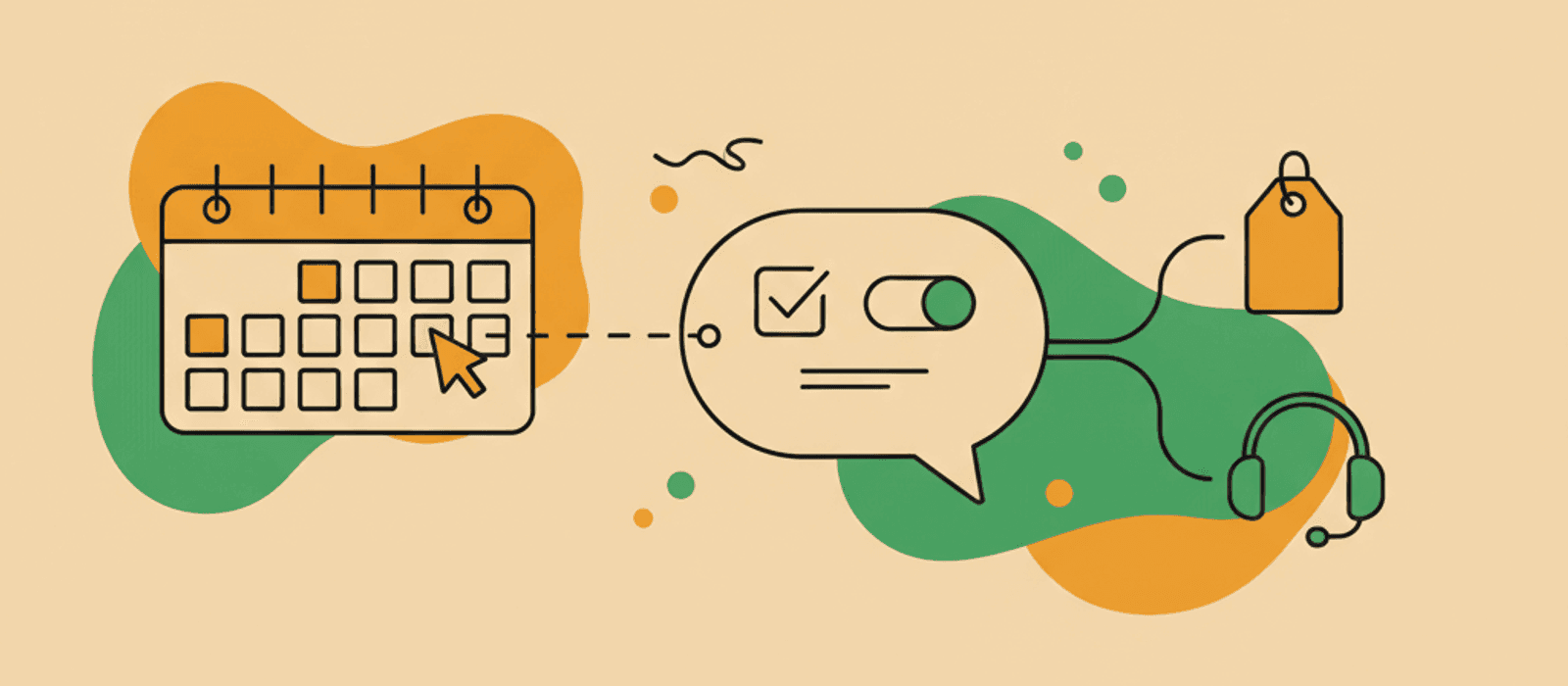 Editorial flat-vector illustration for SaaS Onboarding Chatbots: a 14-day calendar strip with three marked days, a speech shape holding a single ticked checkbox, and a fork where one path leads to a price tag and the other to a person