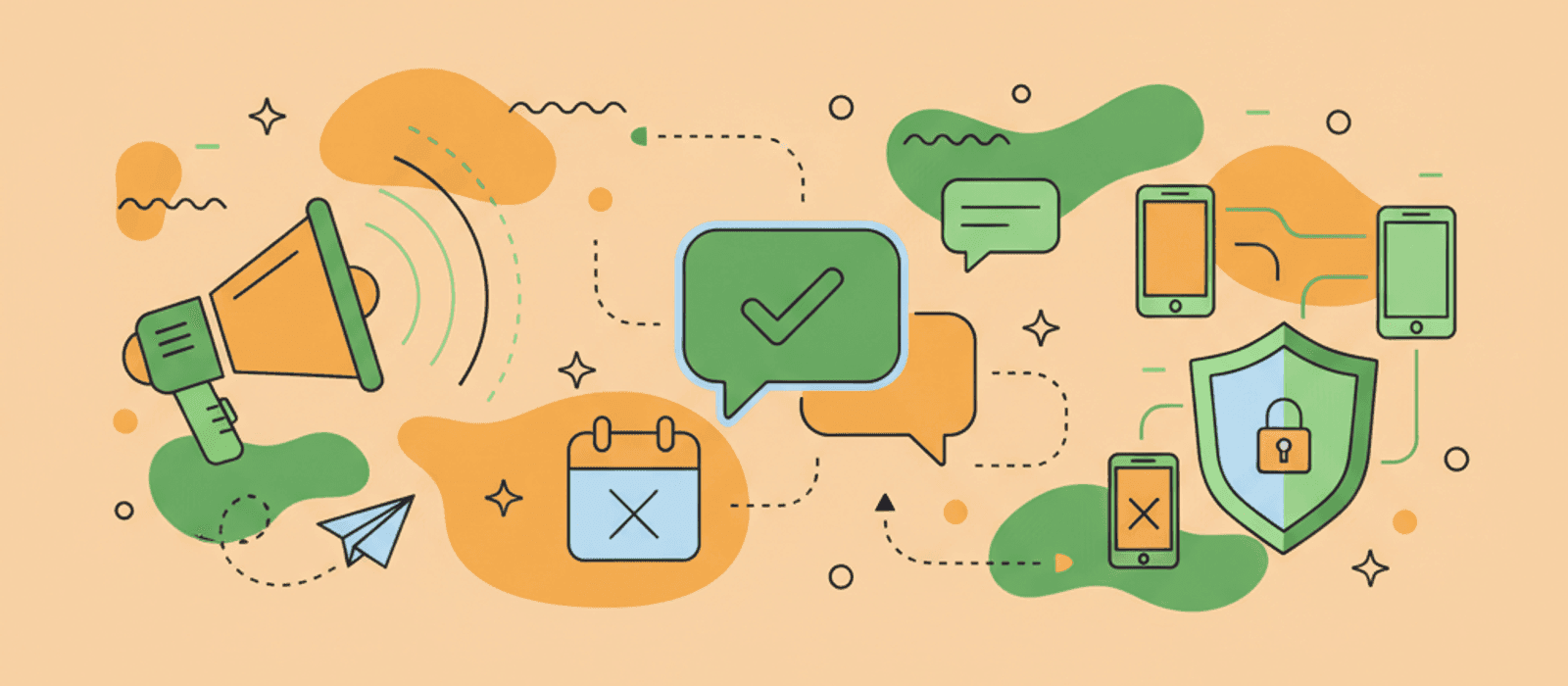 Editorial flat-vector illustration for WhatsApp Broadcast Campaign Guide — How to Send Without Losing Your Number (2026)