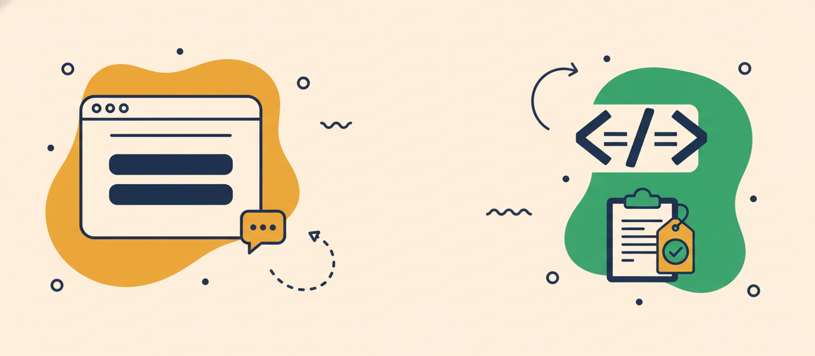Flat editorial illustration: browser window with a docked chat-bubble icon connected by a dashed line to embed code brackets and a clipboard-checkmark — visual metaphor for adding a chatbot widget to a website.