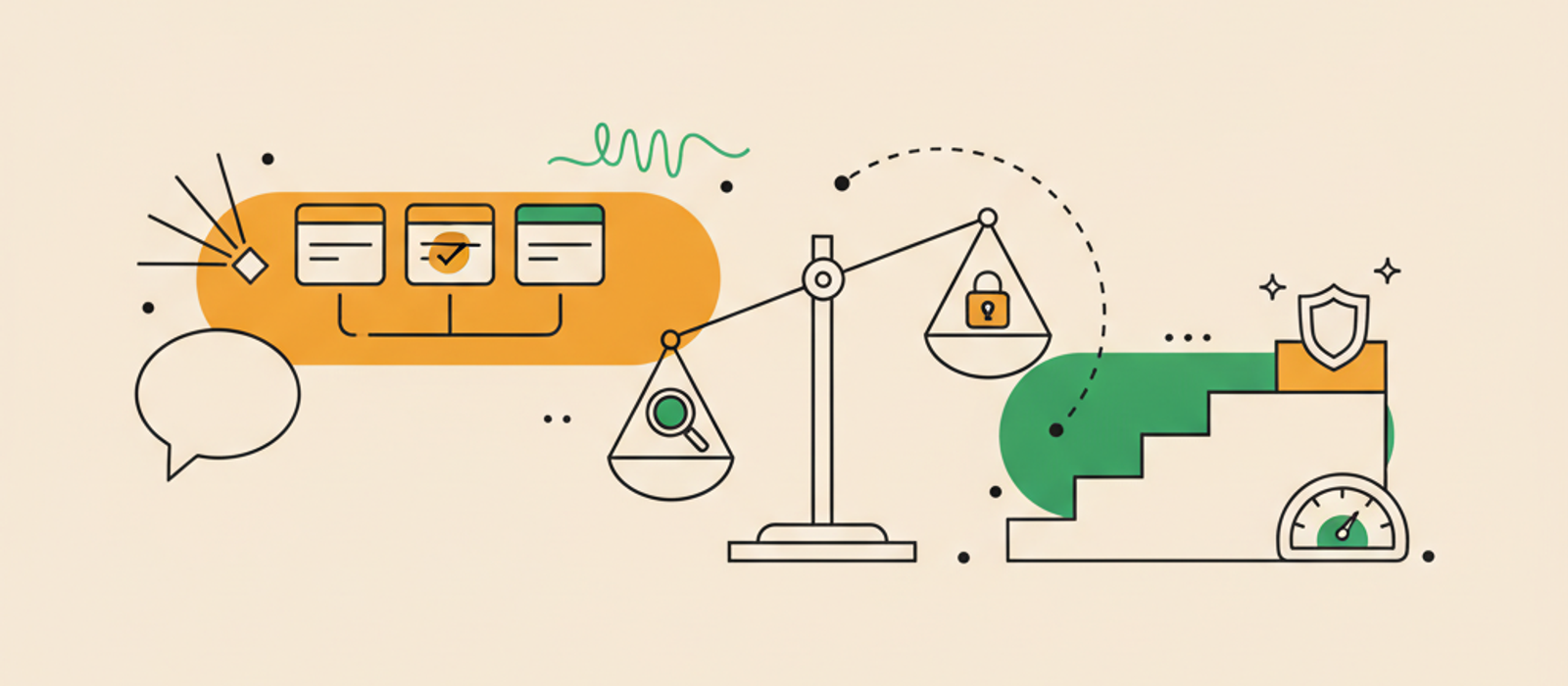 Editorial flat-vector illustration for AI Agent Integration: three tool cards fanning out from a decision node with one card checked, a balance scale weighing a magnifying glass against a padlock, and a four-step staircase topped by a shield beside a gauge dial.