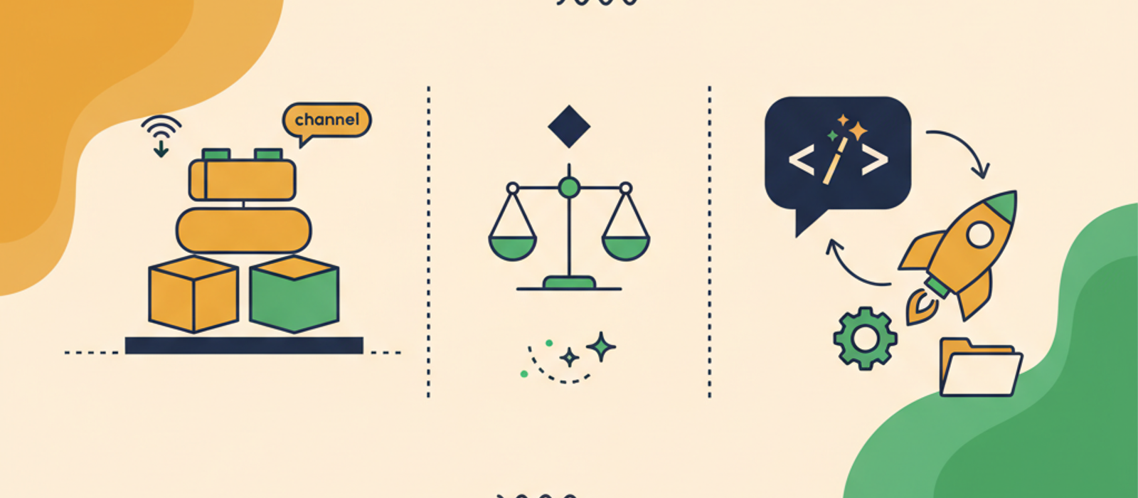 Side-by-side flat-illustration split panel — left panel shows stacked modular building blocks labeled drag-drop, channels, integrations representing a SaaS chatbot builder; right panel shows a chat bubble feeding a text prompt into a code-generation surface with a deploy arrow representing vibecoding — visual metaphor for the SMB build-or-buy decision.