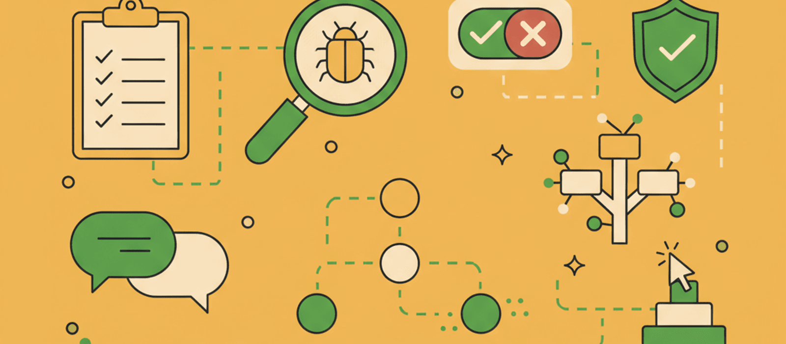Editorial flat-vector illustration for Chatbot QA Testing Protocol — A 10-Step Checklist Before You Launch (2026)