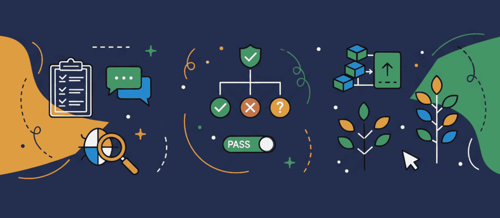Editorial flat-vector illustration for Chatbot Regression Testing: How to Change a Prompt, a Knowledge Base or a Flow Without Breaking What Already Worked