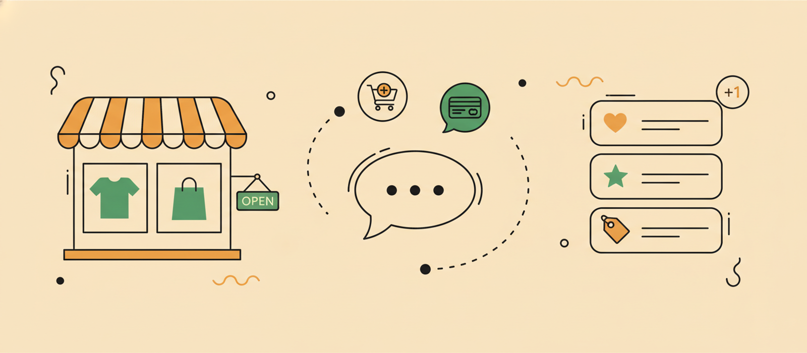 Flat editorial illustration: stylised storefront, chat bubble connected by API path, floating cart and credit-card icons, and a product-card stack — visual metaphor for integrating a chatbot with a Shopify store.