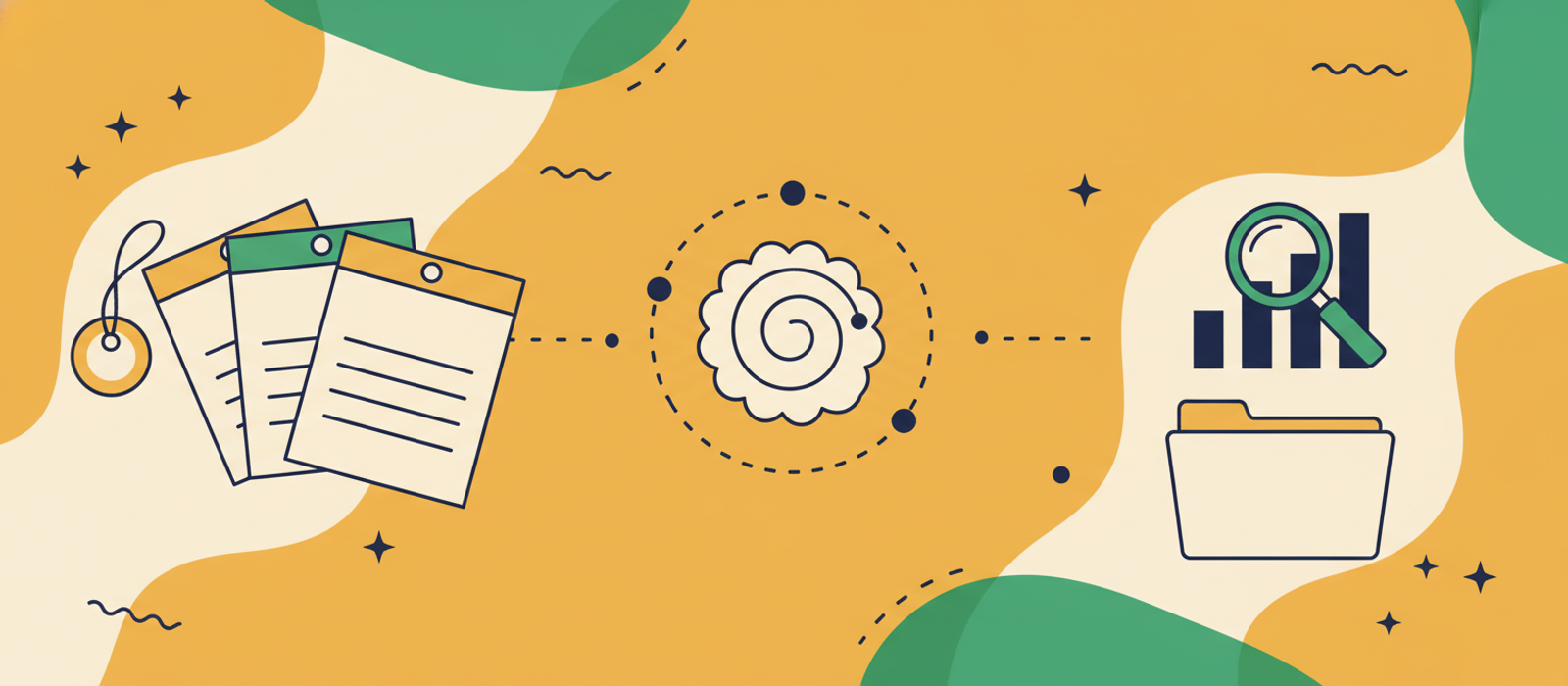 Flat editorial illustration: fanned index cards with a hang-tag, brain-swirl with orbiting data points, a magnifying glass over a bar chart, and a folder tab — visual metaphor for training chatbot intents and datasets.