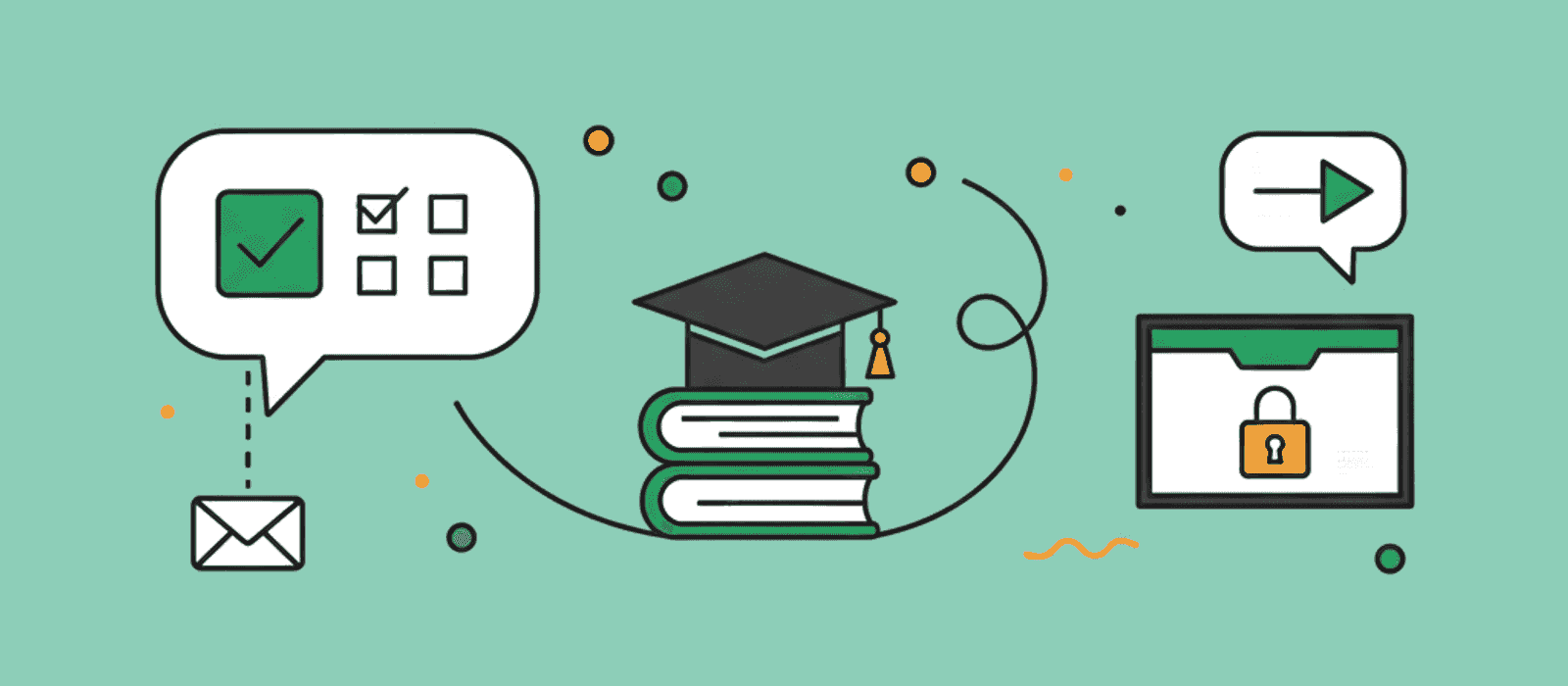 Editorial flat-vector illustration for Education Chatbots: a message with a task checklist, a graduation cap on two books, and a locked record folder beside a hand-off arrow
