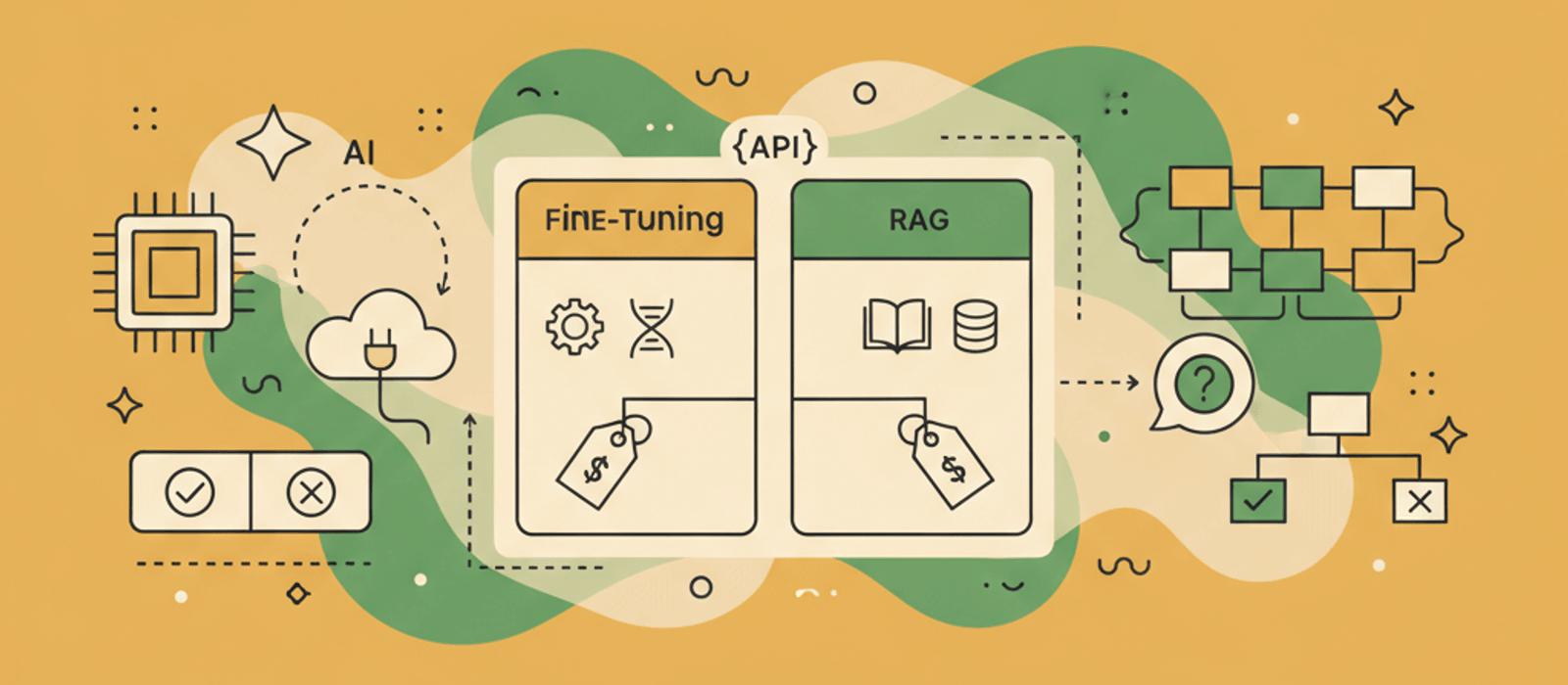 Editorial flat-vector illustration for Fine-Tune or RAG for Your Chatbot? A Symptom-First Decision Guide (2026)