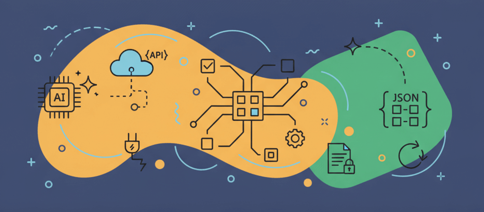 Editorial flat-vector illustration for How to Get Valid JSON from a Chatbot's Language Model: Schema, Checks, Retries