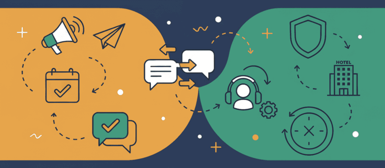 Editorial flat-vector illustration for Hotel Chatbots: The Reservation Rule That Has Bound Your Booking Bot Since 2012, and Why Europe Exempts the Small Hotel While America Does Not