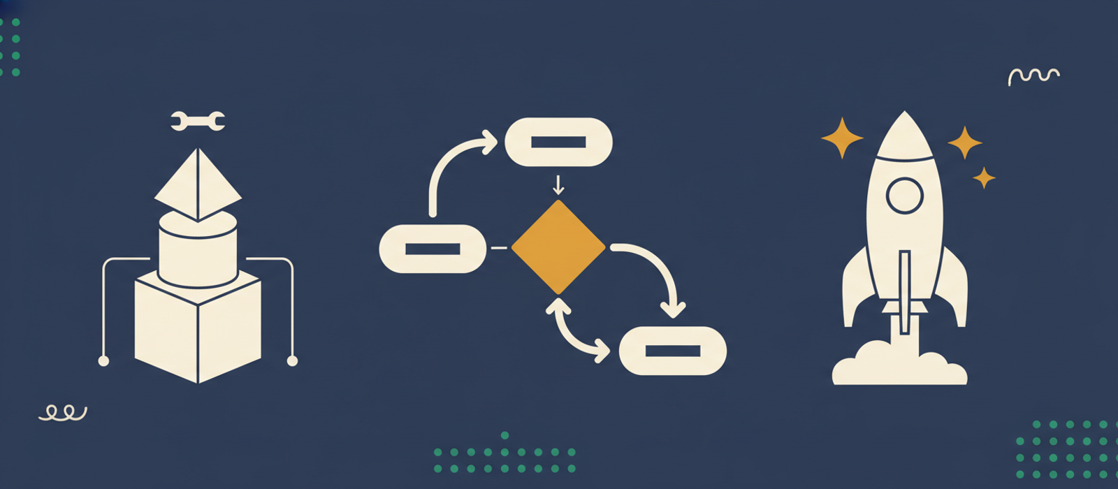 Flat editorial illustration: stacked geometric blocks with a wrench, decision-diamond flow diagram, and outline-only rocket — visual metaphor for building a chatbot from foundation to launch.
