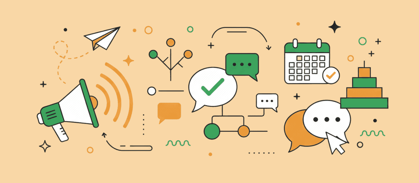 Editorial flat-vector illustration for How to Build a Facebook Messenger Chatbot in 2026 — The Build Path, and the Four Things a Pre-2026 Tutorial Cannot Tell You